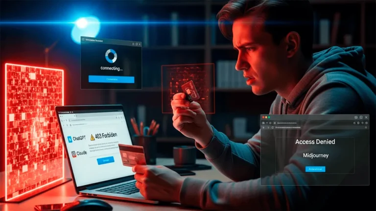 Ноутбук с интерфейсом ИИ на рабочем столе в современном стиле. Гайд: как использовать нейросети в России в 2026 году без VPN.