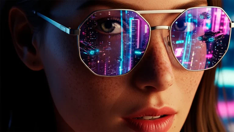 Гиперреалистичный портрет женщины в футуристичных очках, созданный в Midjourney V7. Обзор на лучшие нейросети для изображений 2026 года.