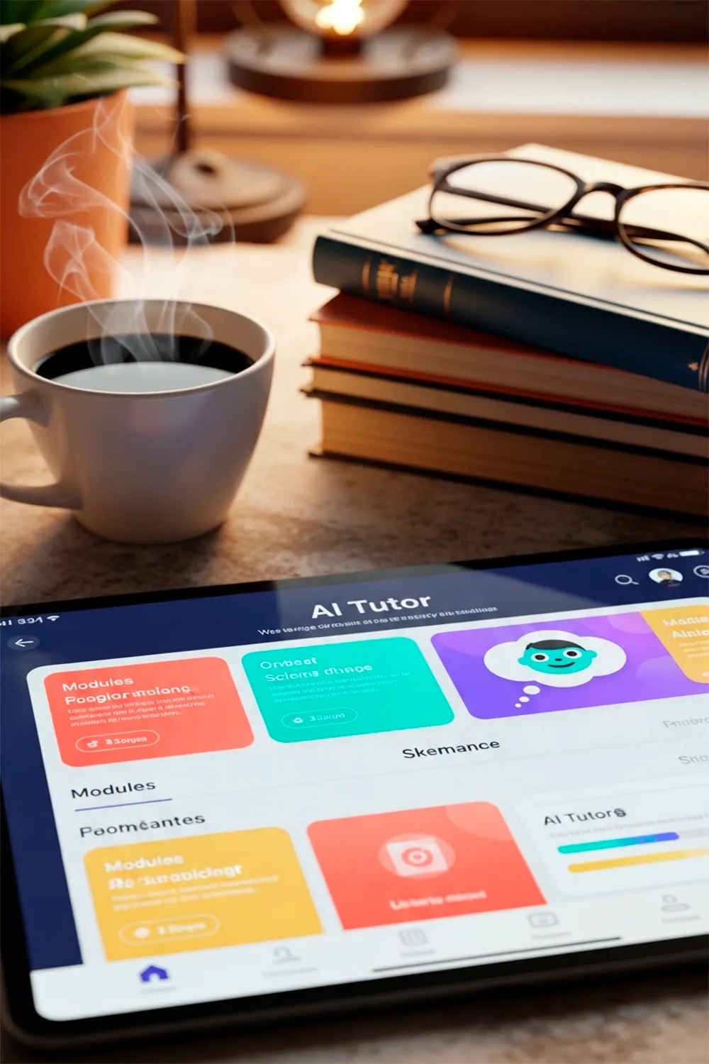 Приложение нейросети для учебы 2026 на экране планшета в уютном кафе.